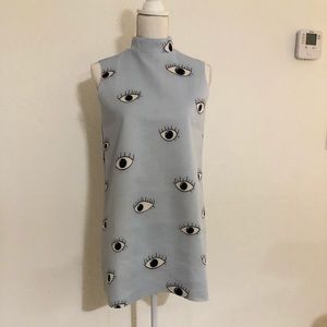 Blue Eyes Print Rear Zipper Sleeveless Shift Dress